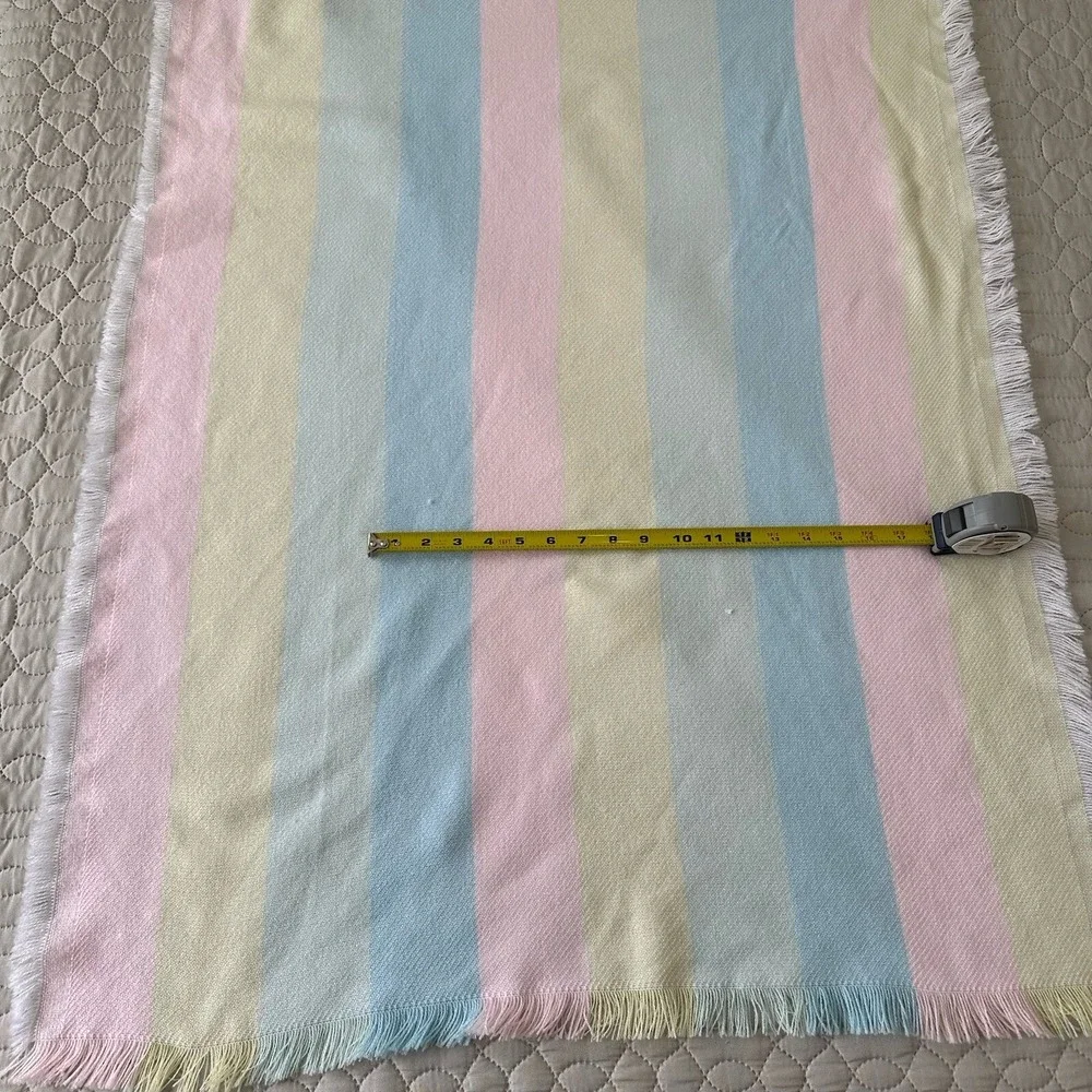 Vintage Acrylic Baby Blanket Pastel Stripe Fringe Receiving Pink Blue Yellow